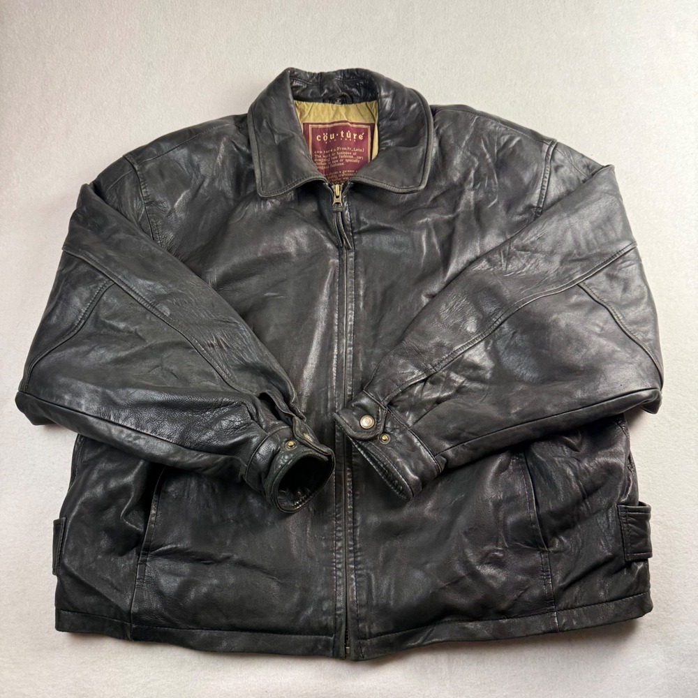 Couture by J Park Mens Black Genuine Leather Bomber Jacket Large Full Zip Coat